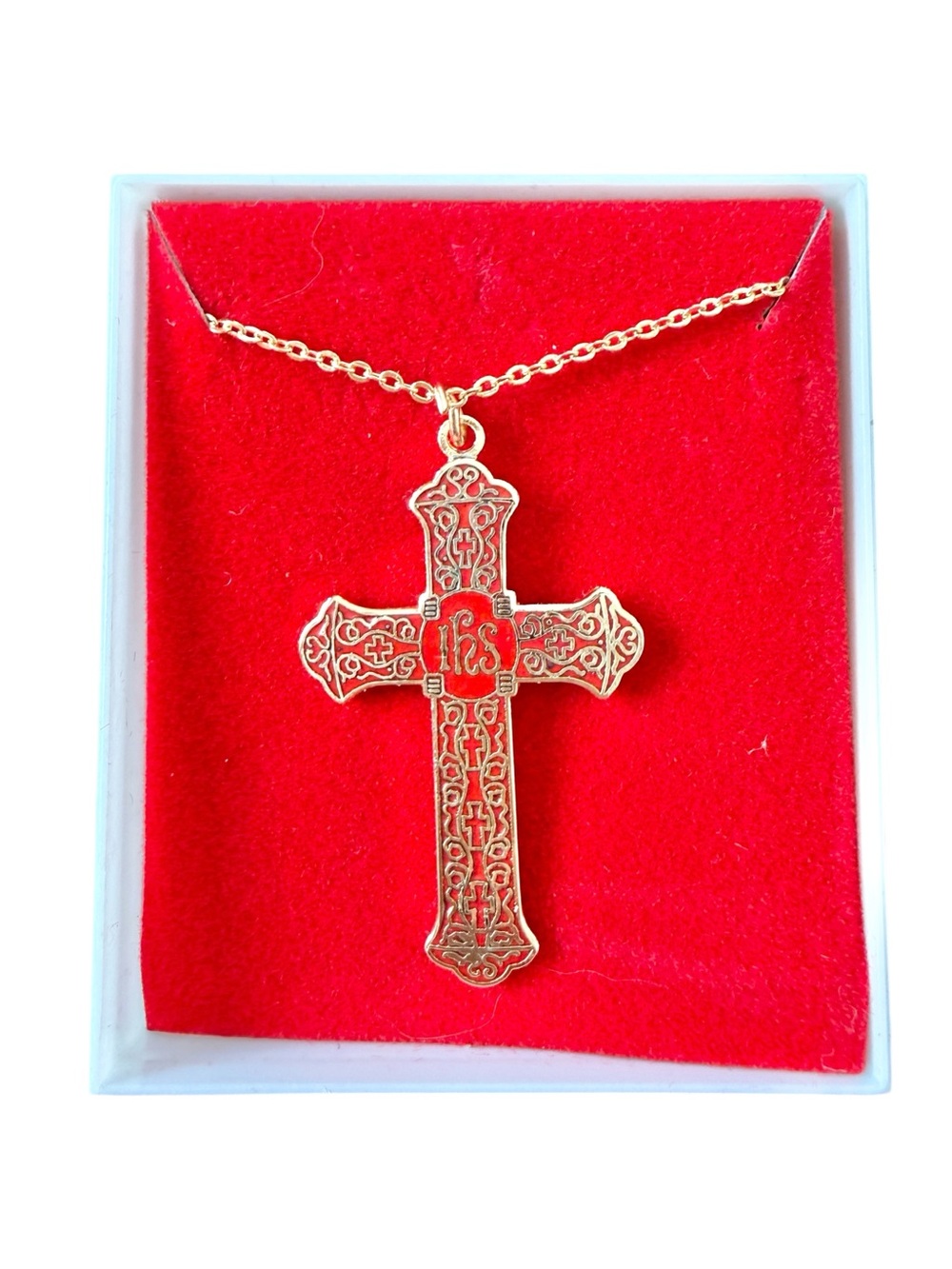 Vintage IHS Pectoral Cross Necklace Red Gold Tone Catholic Christian 18”